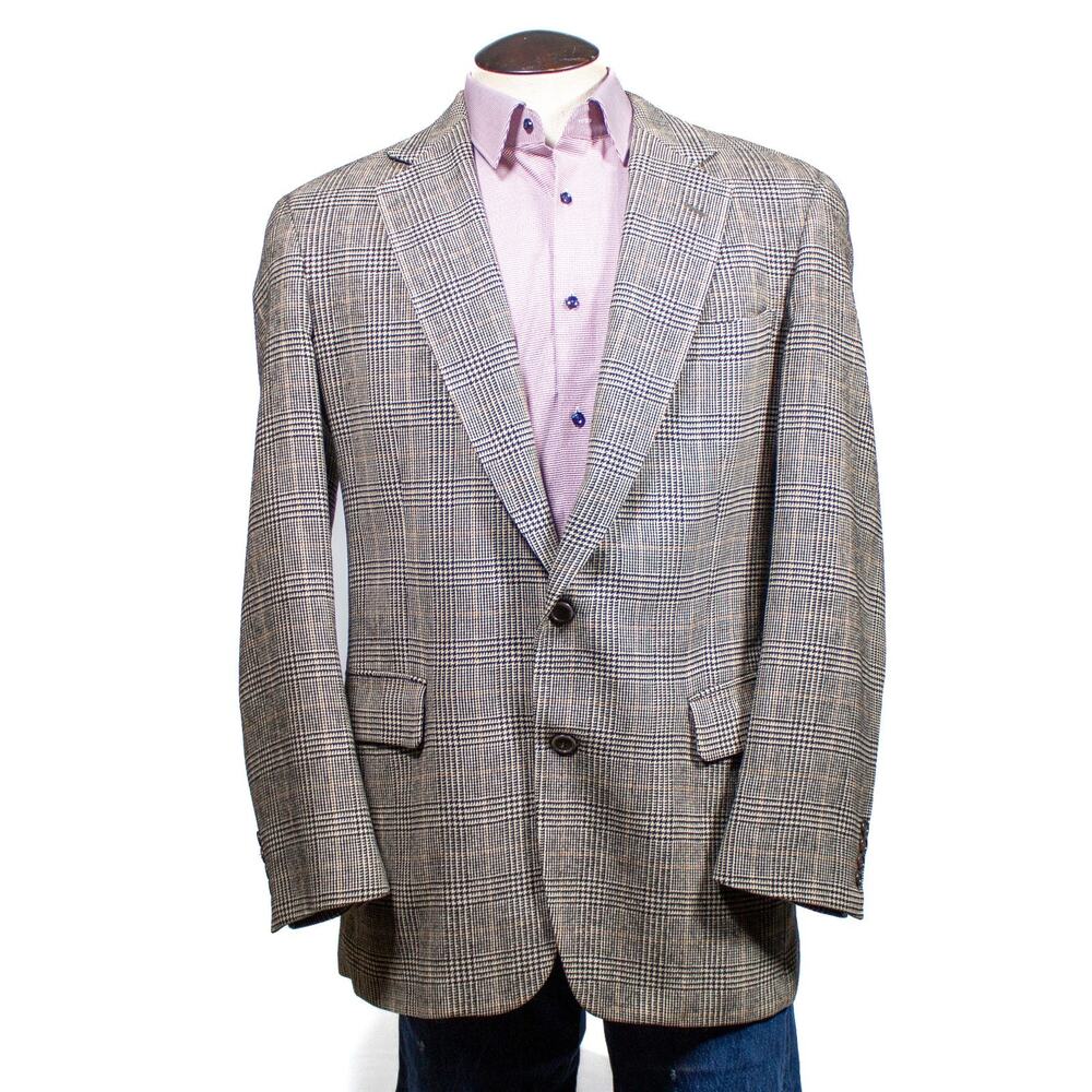 Vtg Jos A Bank Premiere Men's Sport Coat Sz 46L 100% Camel Hair Plaid Grey